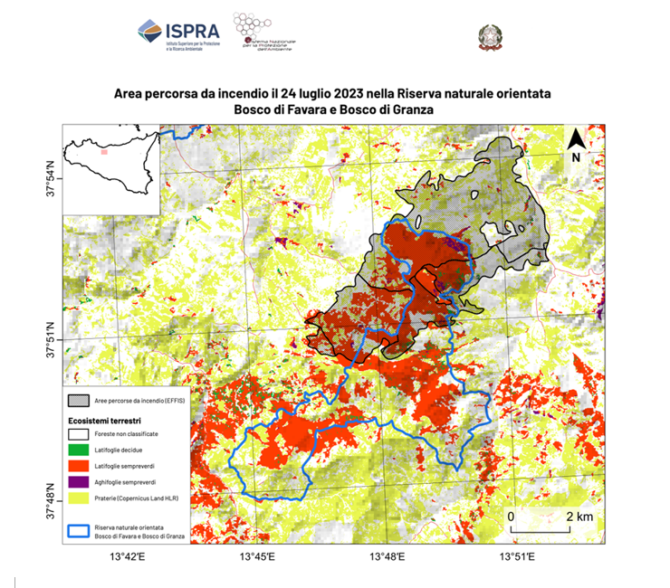 Distribuzione delle aree percorse da incendio il 24 luglio 2023 